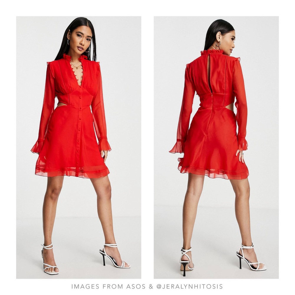 ASOS DESIGN | Ruffle detail mini dress with button detail in red